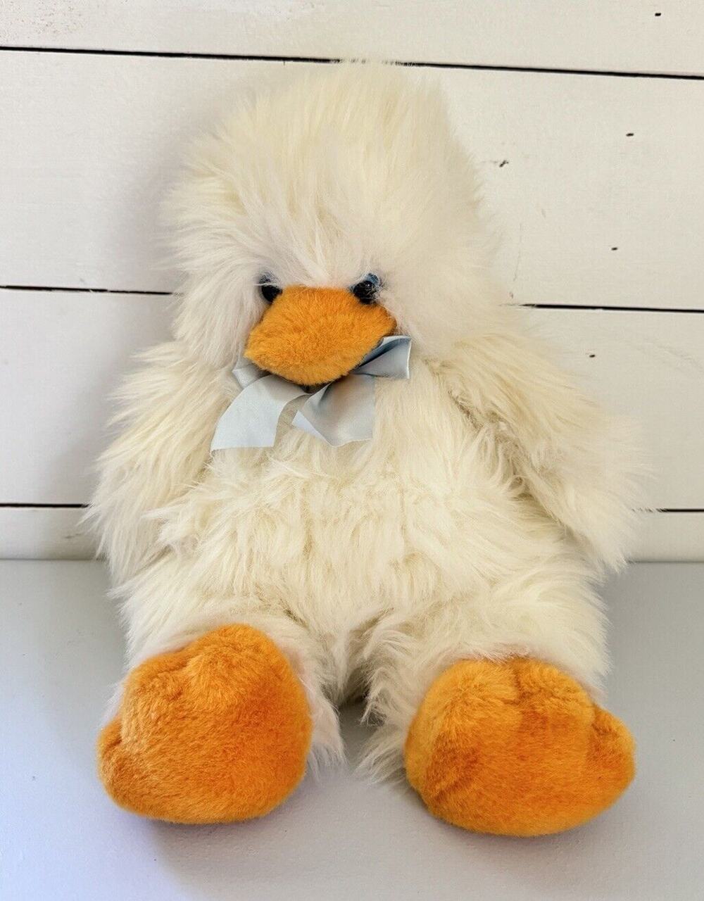 Soft Dreams Duck Plush Vintage 14 Inch White Shaggy Duck Blue Eyes 80s 90s RARE